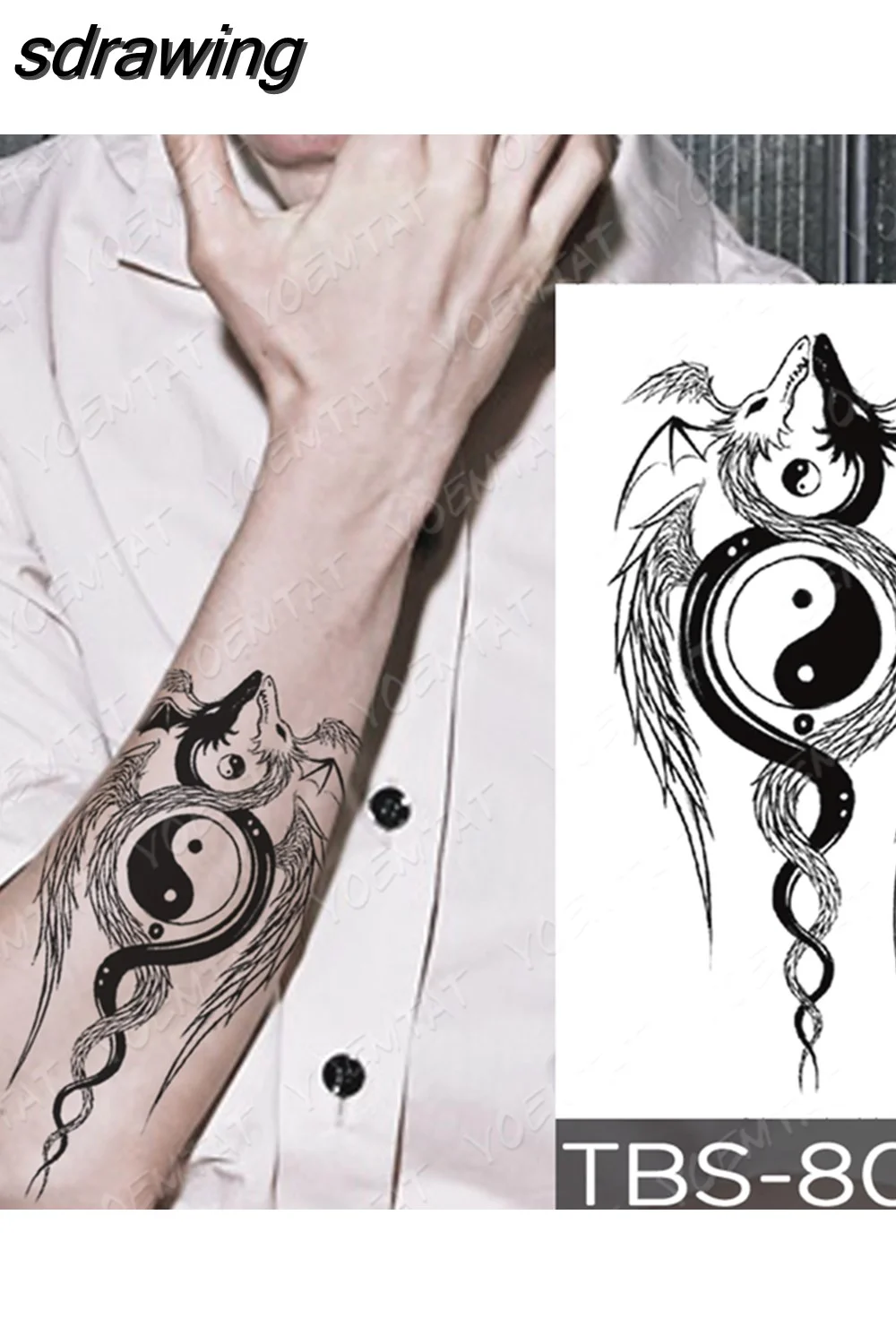sdrawing Temporary Tattoo Sticker Yin Yang Dragon Feather Wings Flash Tattoos Wolf Totem Body Art Arm Fake Tatoo Men