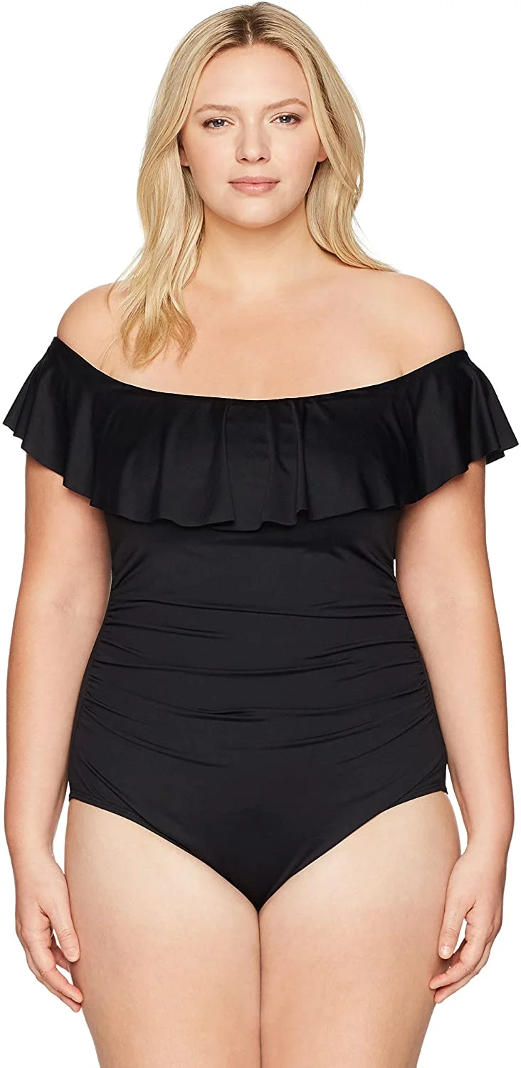 Women's Plus-Size Island Goddess Off The Shoulder Ruffle One Piece Swimsuit