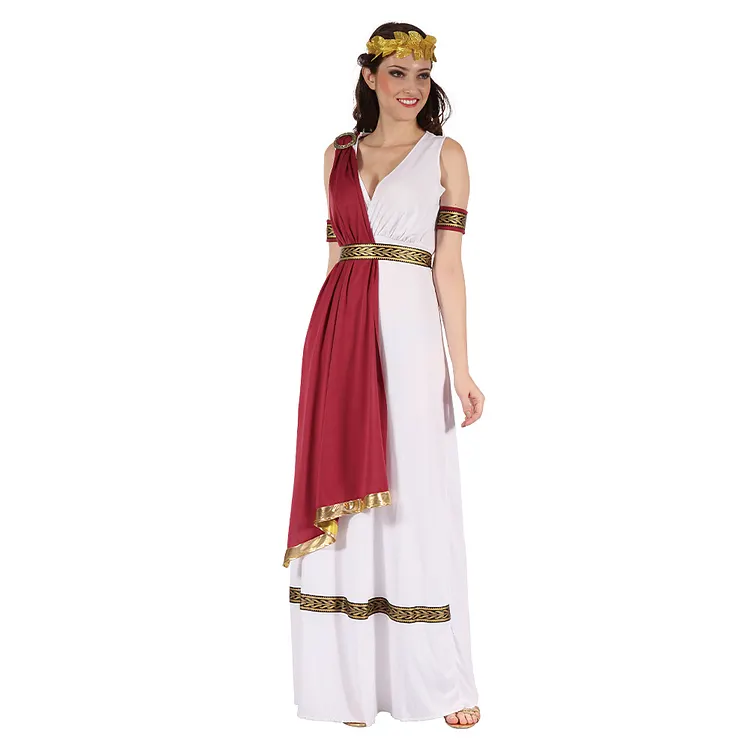 Adult Women Greek Goddness White Red Toga Dress Costume Halloween Carnival Party Suit