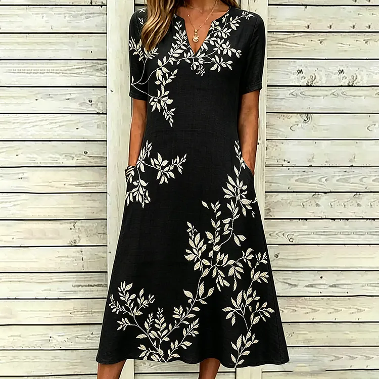 Women's Japanese Floral Print V-neck Linen Blend Midi Dress