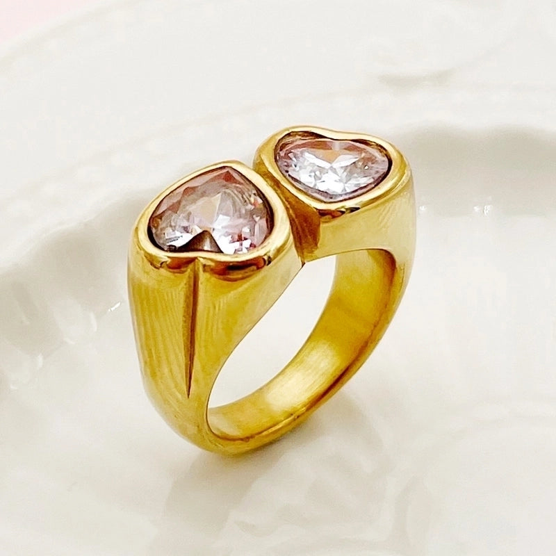304 Stainless Steel 14K Gold Plated Minimalist Plating Inlay Heart Shape Zircon Rings