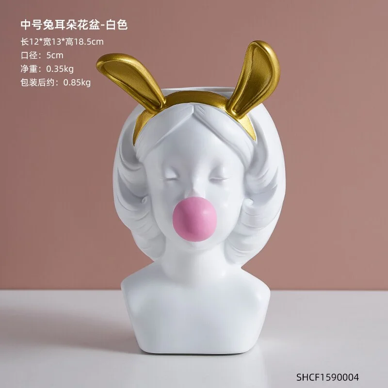 Nordic style girl flower pot plant resin flower pot rabbit ear/cat ear girl potted modern living room decoration decoration gift