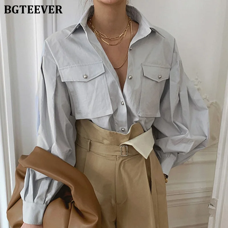 BGTEEVER Chic Elegant Loose Single-breasted Shirts for Women 2020 Autumn New Fashion Full Sleeve Pockets Female Blouse Tops