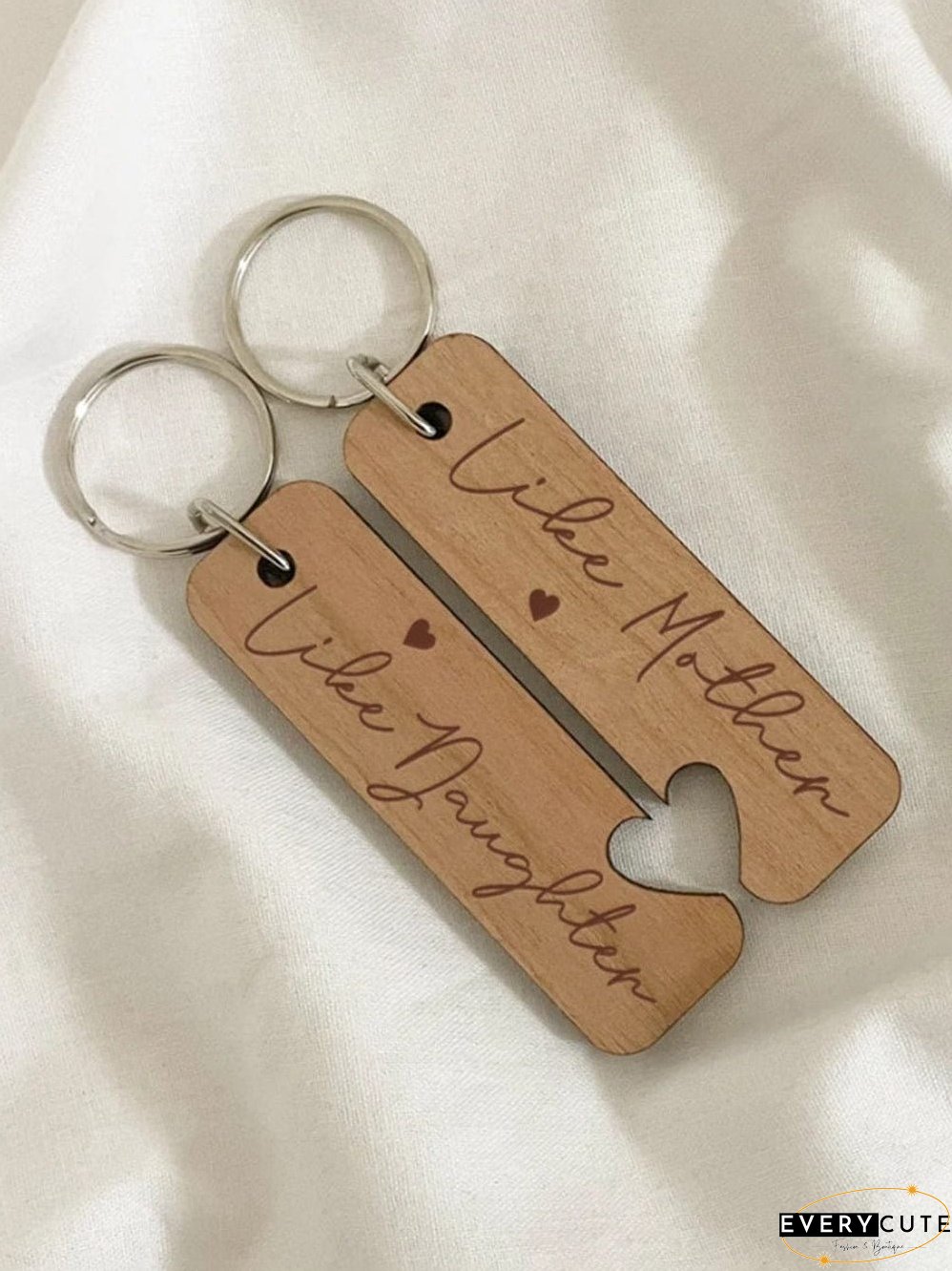 French Beige Mother-Daughter Heart Wooden Keychain Set