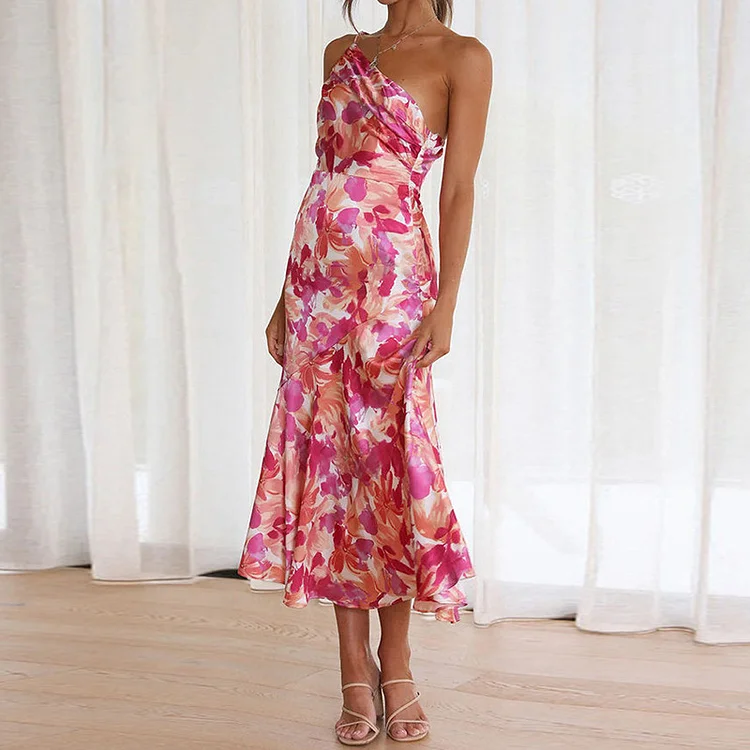 Women's Fashion Sexy Print Slant Neck Strapless Strap Casual Midi Dress