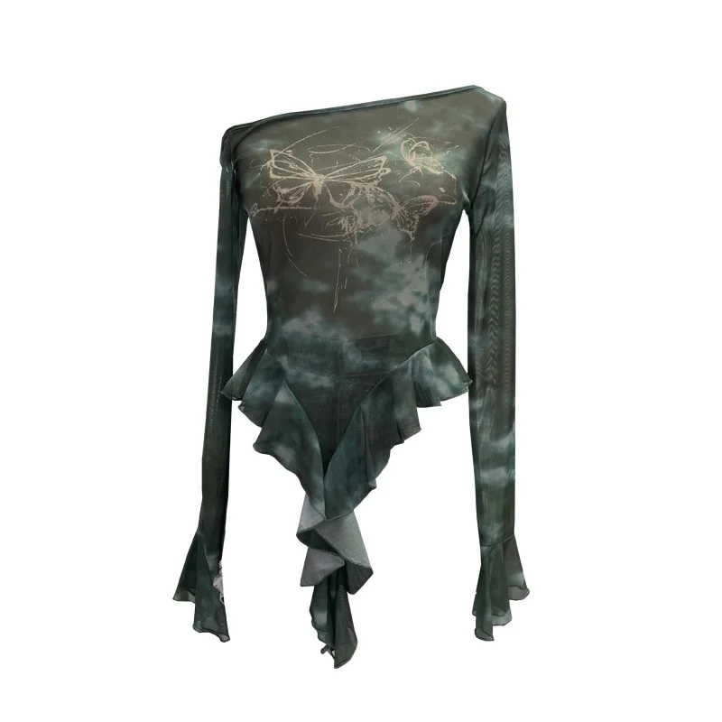 Uveng Millennial Y2k Babes Oblique Shoulder Thin Mesh Print Top Irregular Lotus Leaf Side Ribbon Short T-Shirt 6608