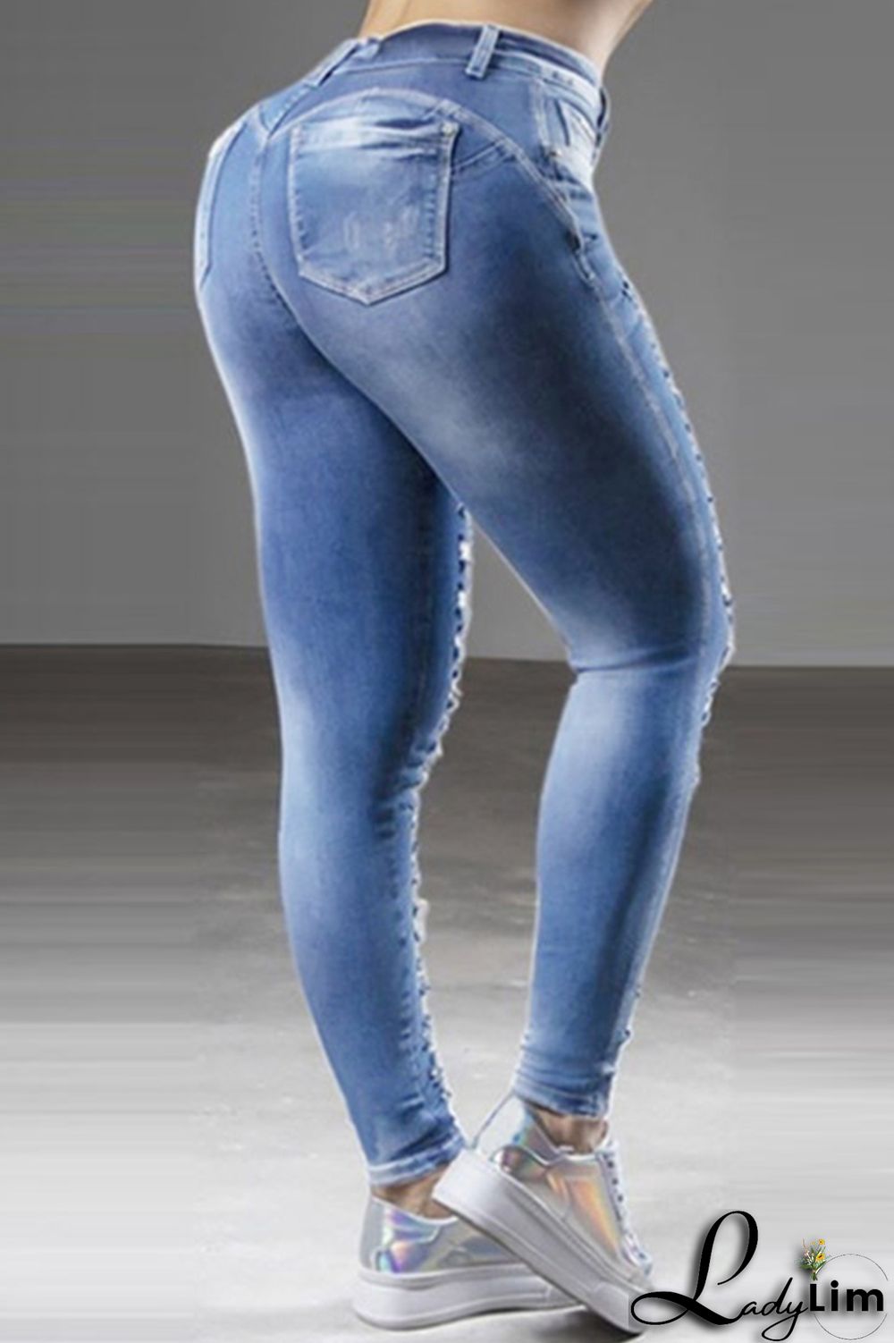 Dark Blue Fashion Casual Solid Ripped High Waist Skinny Denim Jeans