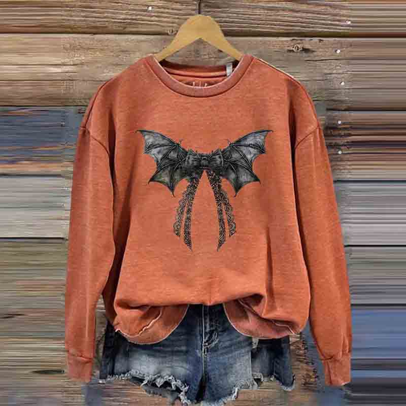 Halloween Bat Bow Print Round Neck Casual Sweatshirt wearshes