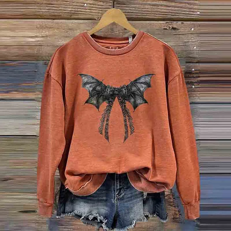 Halloween Bat Bow Print Round Neck Casual Sweatshirt