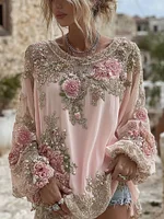 Women's Vintage Pink Flower Embroidery Art Round Neck Long Sleeve T-shirt