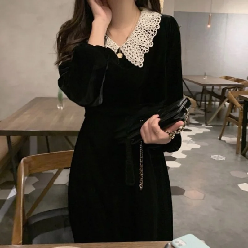 Jangj Winter Female Long Sleeve Black Velvet Midi Luxury Dresses Women Solid Color Elegant Long Dress