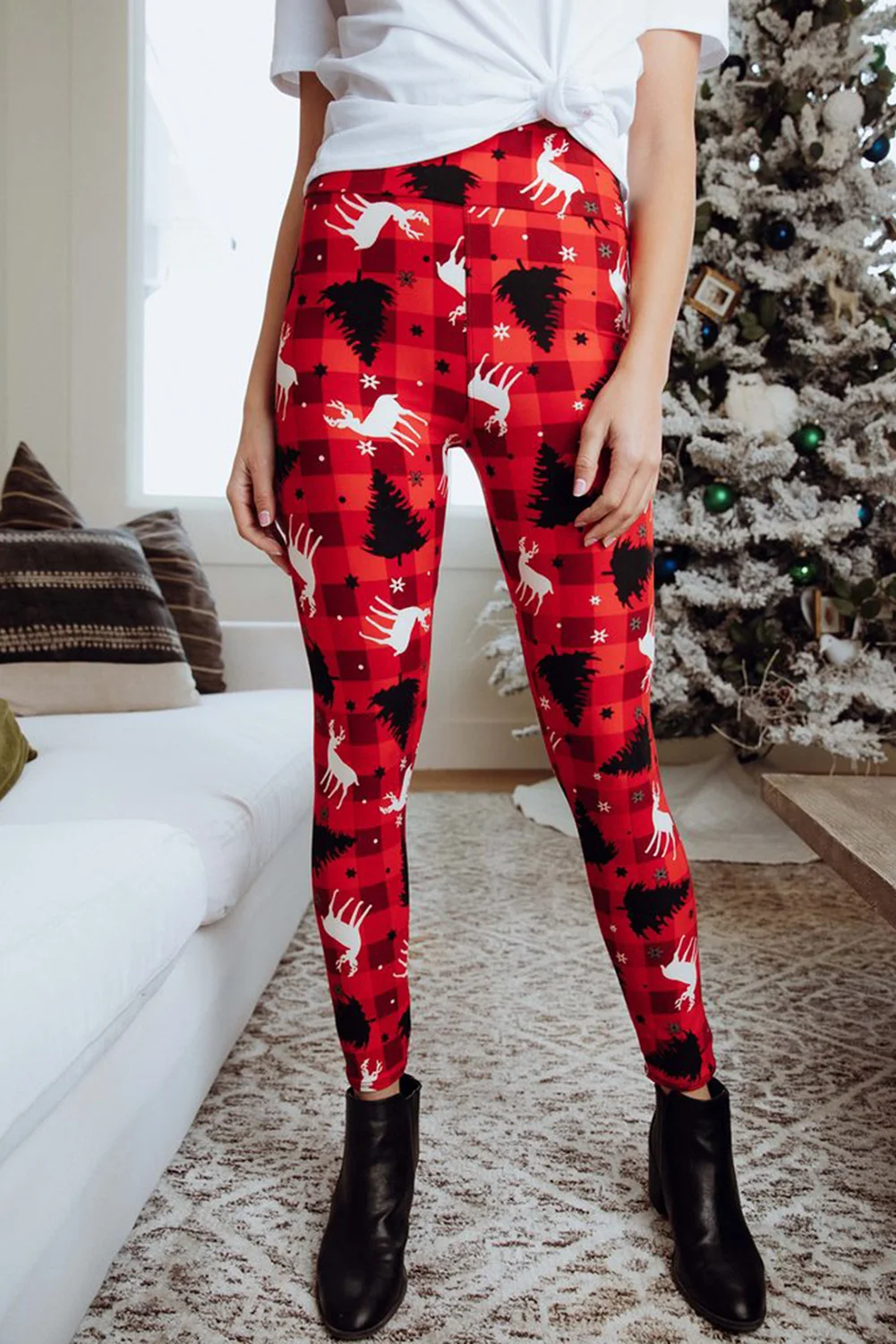 Red Red Christmas Reindeer Plaid Print Leggings | IFYHOME