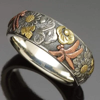Sterling Silver Carved Dragonfly Flower Ring