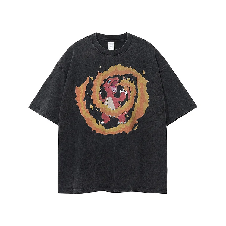 Vintage Print Short-Sleeved Anime Cartoon Fire Dragon Print Casual T-Shirt at Hiphopee