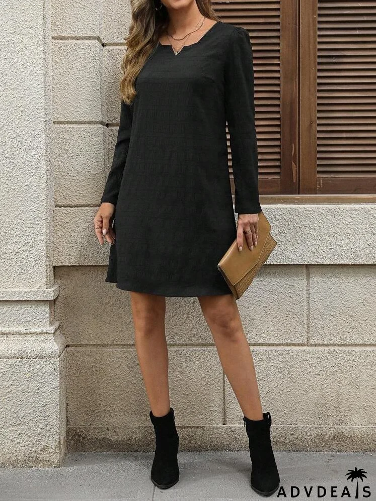 Blue Textured Fabric, Small Notched V-Neck,Fall Women Dresses