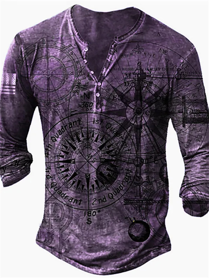 Men's T shirt Tee Henley Shirt Graphic Machine Henley Green Blue Purple Brown Gray 3D Print Street Casual Long Sleeve Button-Down Print Clothing Apparel Basic Fashion Classic Comfortable / Sports