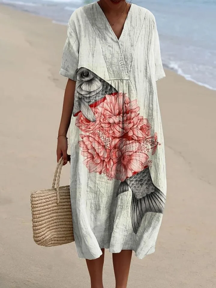 Women's Koi Carving Art Print Flowy Dress
