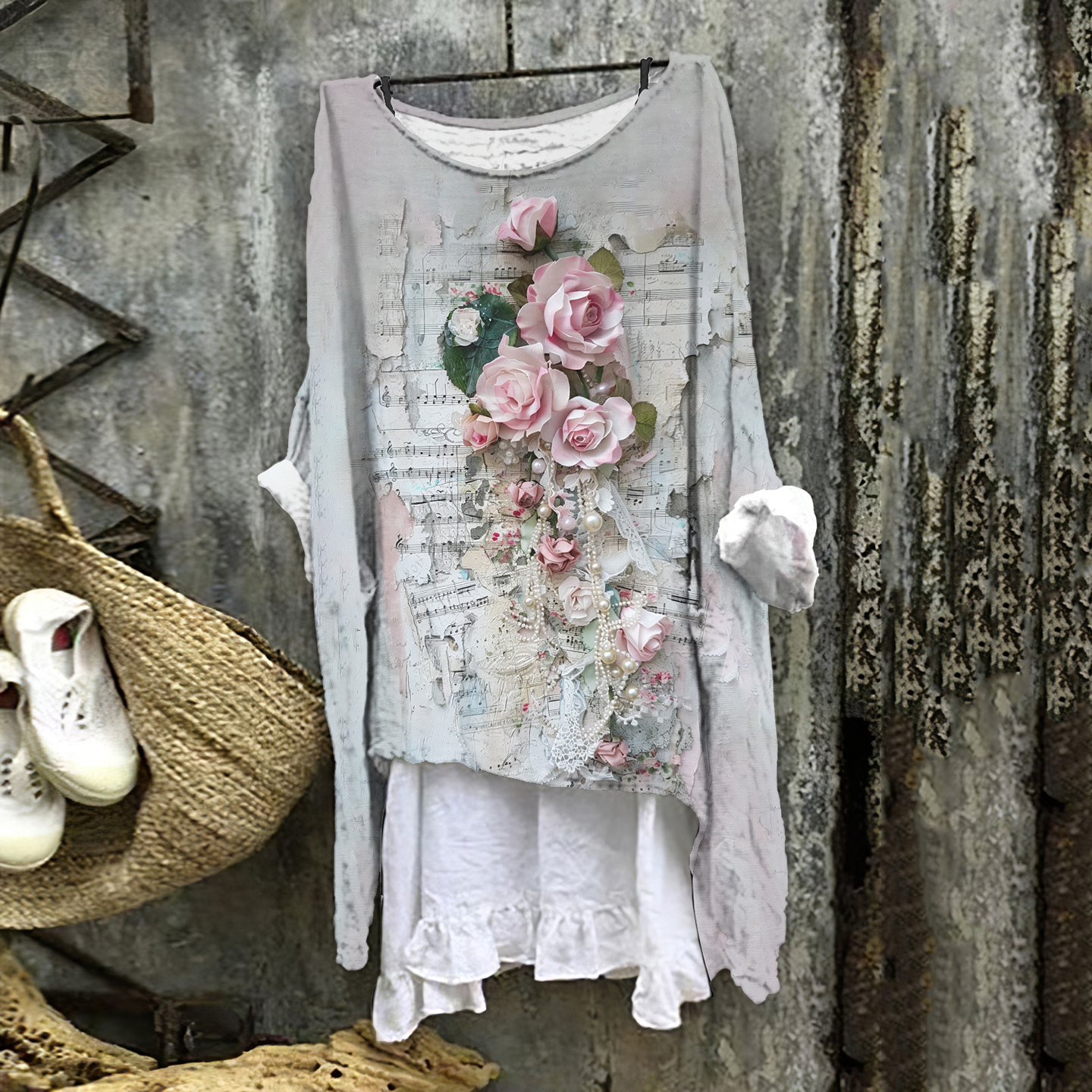 Women's Floral Musical Notes Embroidery Art Linen Blend Vintage Shirt artswardrobe