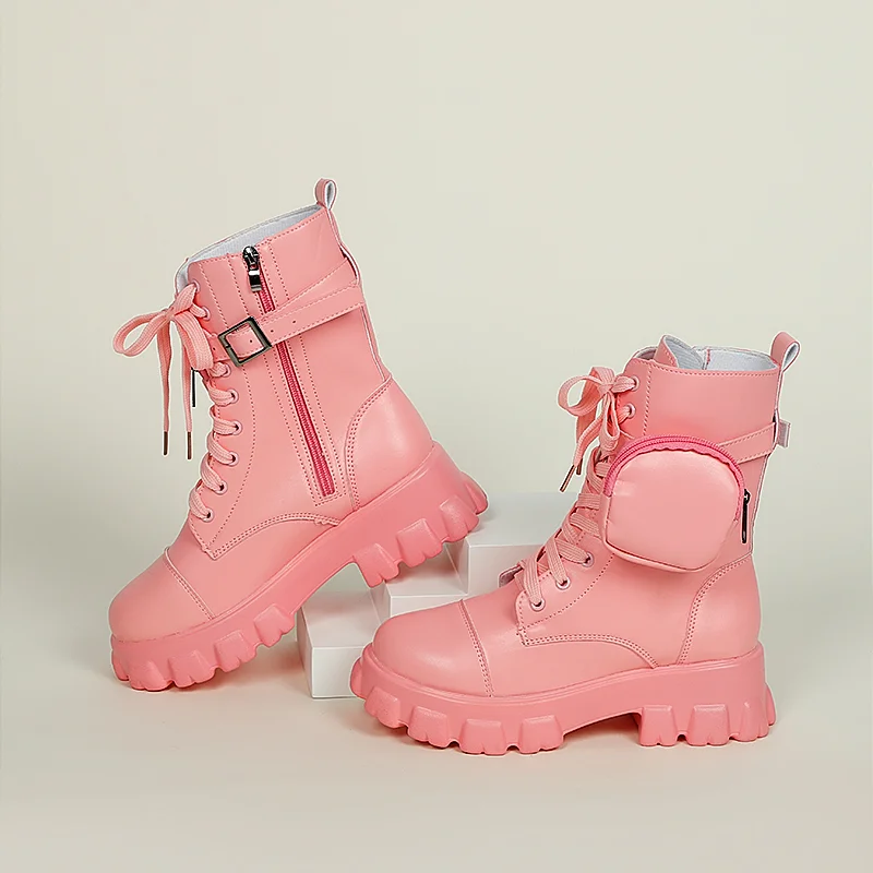 Qengg Women's Combat Boots Pocket Lace Up Women Ankle Boots 2021 Autumn Fashion Female Chunky Heels Platform Ladies Shoes Woman Boots