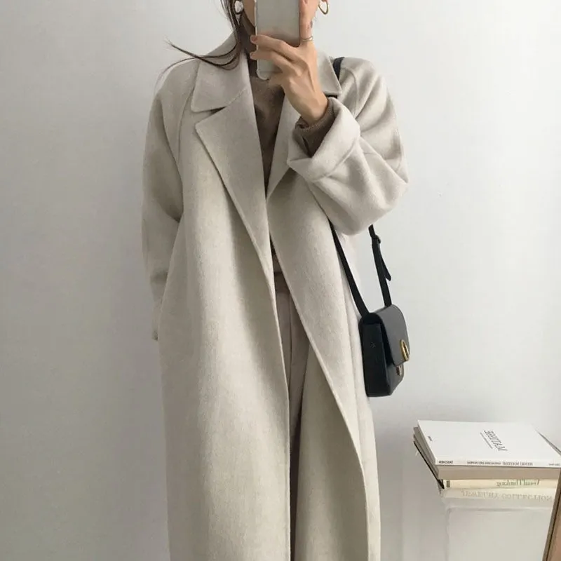 Long Sleeve Casual Vintage Belt 2021 New Fashion Long Autumn Faux Wool Blend Woolen Coat Winter Warm Women Warm Wool Coat
