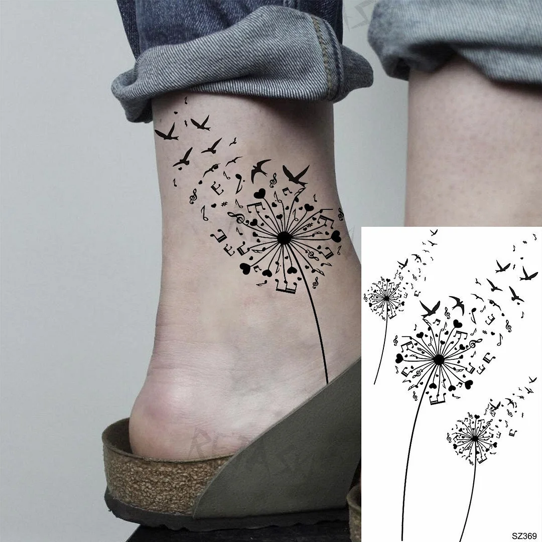 Black Little Dandelion Fashion Feet Temporary Tattoos For Women Adult Feather Spartan Realistic Fake Tattoo Body Art Tatoo Decal