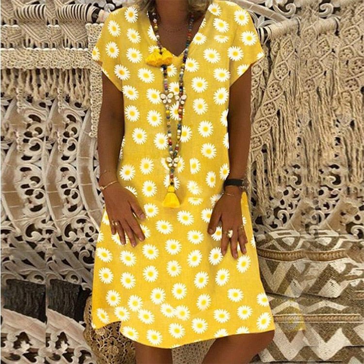 2020 Summer Floral Summer Loose Dress Women V-neck Short Sleeve Plus Size Elegant Midi Dresses Beach Casual Boho Yellow Dress