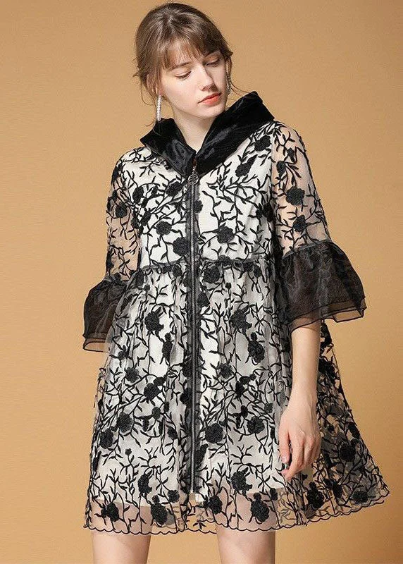 Casual Black Hooded Embroideried Patchwork Organza Coats Half Sleeve