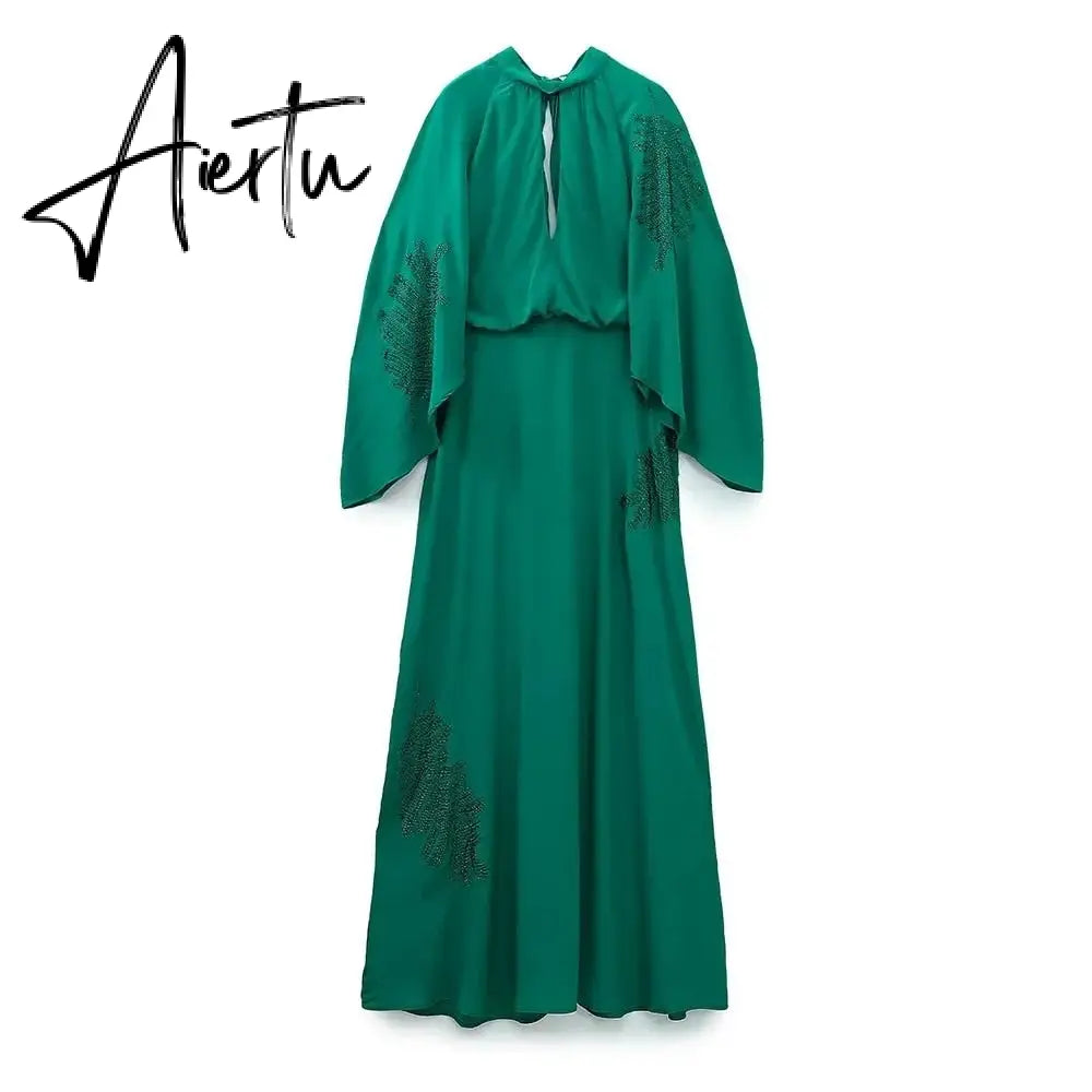 Beading Dark Green Stand Collar Flare Sleeve Satin Maxi Dress Party Women Elegant Long Spring Summer Robe Vestidos Aiertu