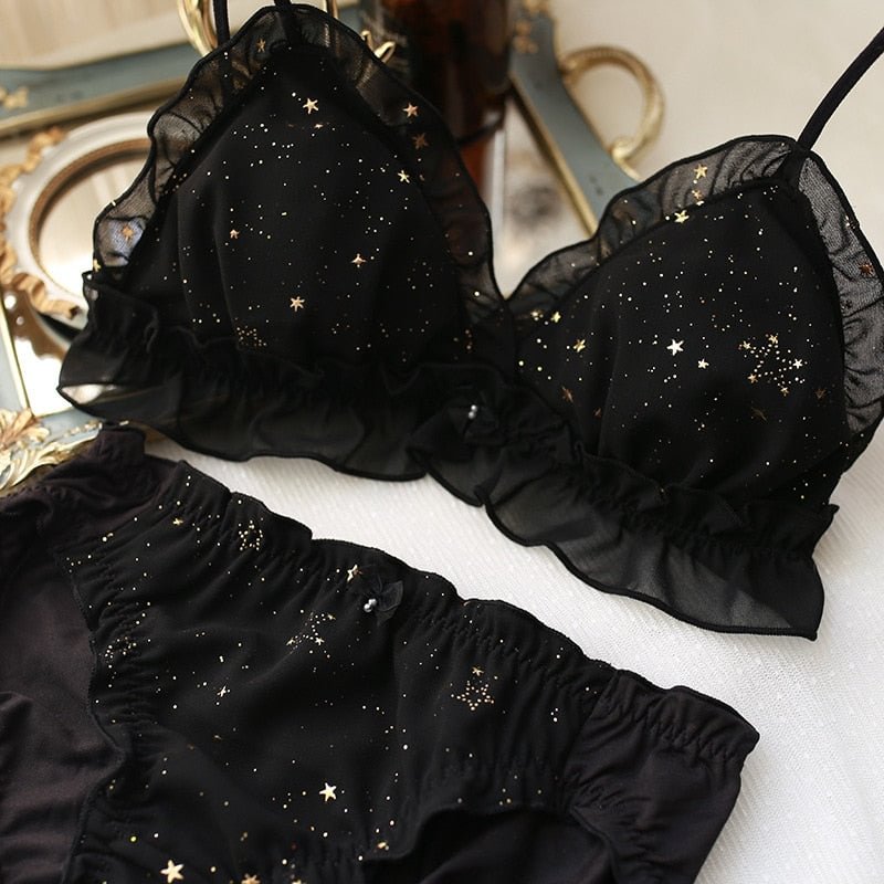 Hot Underwear Starry Women Bra Set Printing Full Lace Triangle Cup Wire Free Lovely Girl Intimates Sexy Bralette Panties Set