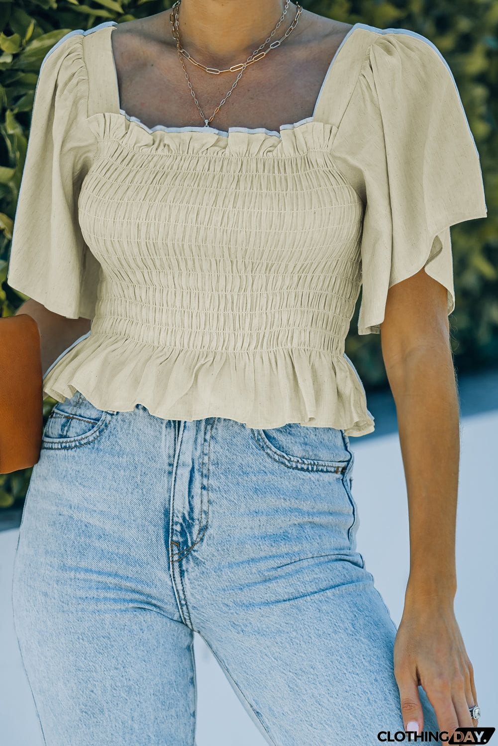 Apricot Butterfly Sleeve Smocked Top with Ruffle