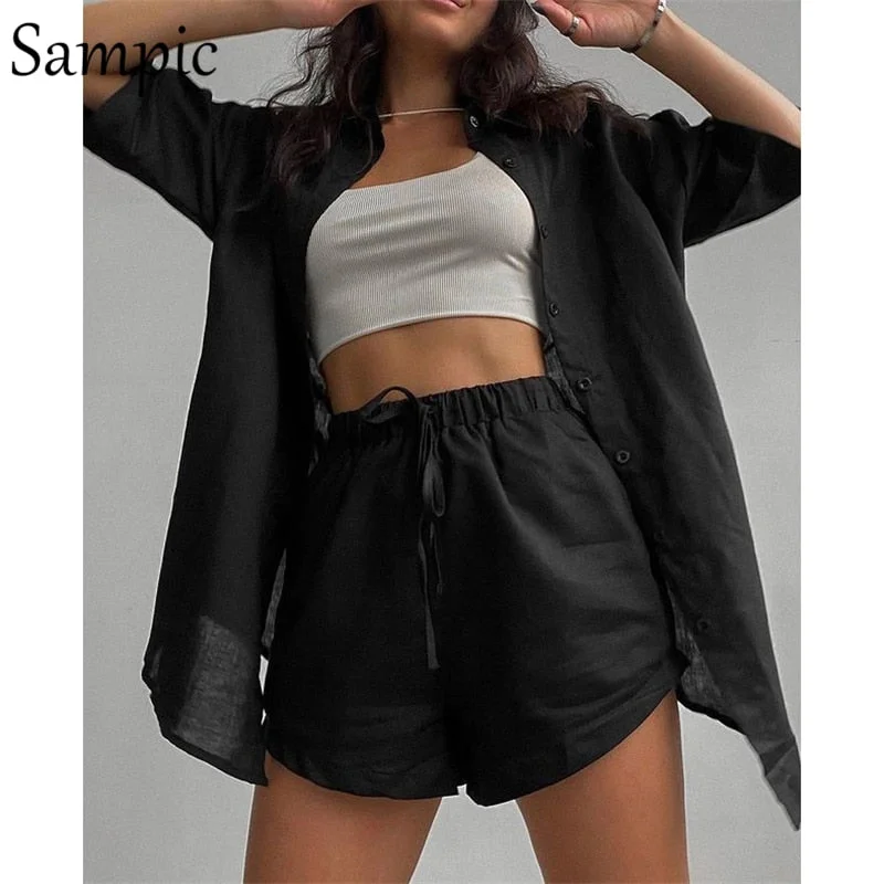 Sampic Casual Lounge Wear Summer Green Tracksuit Women Shorts Set Short Sleeve Shirt Tops And Loose Mini Shorts Two Piece Set
