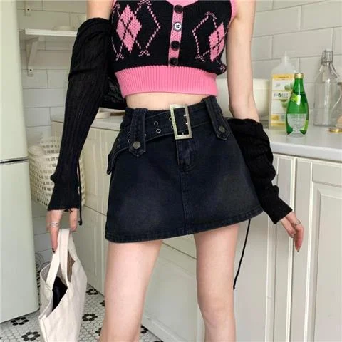 Spring/Summer Y2K Design High Waist Denim Skirt Women&#39;s Large Size Slim A-Line Short Skirt Pants with Belt