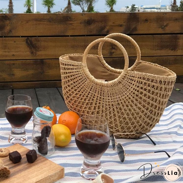 New Beach Portable Simple Moon Hollow Straw Bag