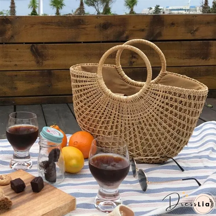 New Beach Portable Simple Moon Hollow Straw Bag