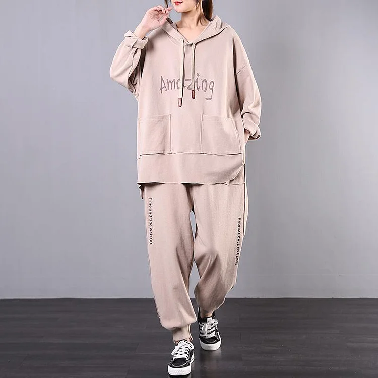 Casual loose plus size khaki casual sports two-piece set