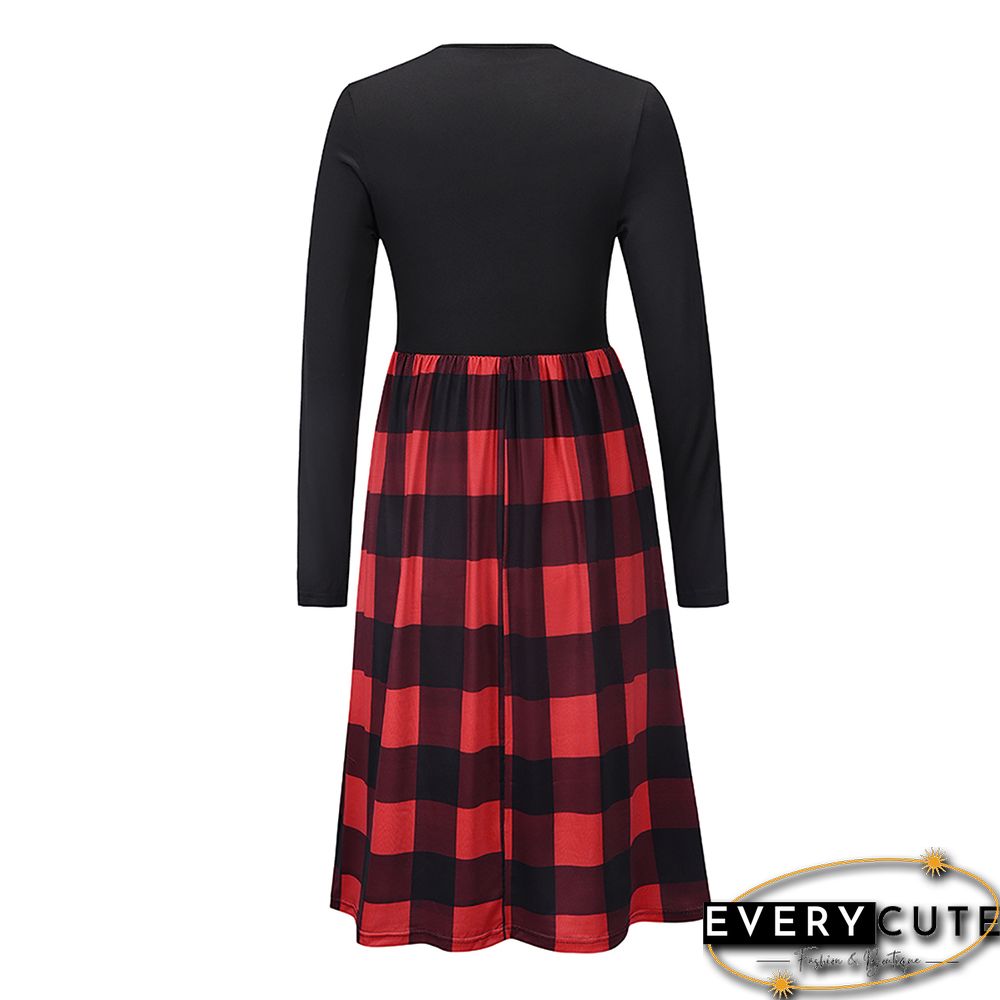 Red Splice Plaid Tie Waist Long Sleeve Dress