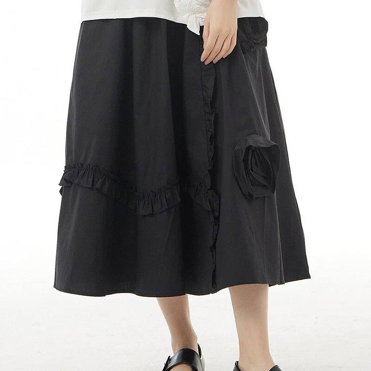 Fashion Elastic Waist Patchwork Three-dimensional Rose Splicing Fungus Edge Skirt