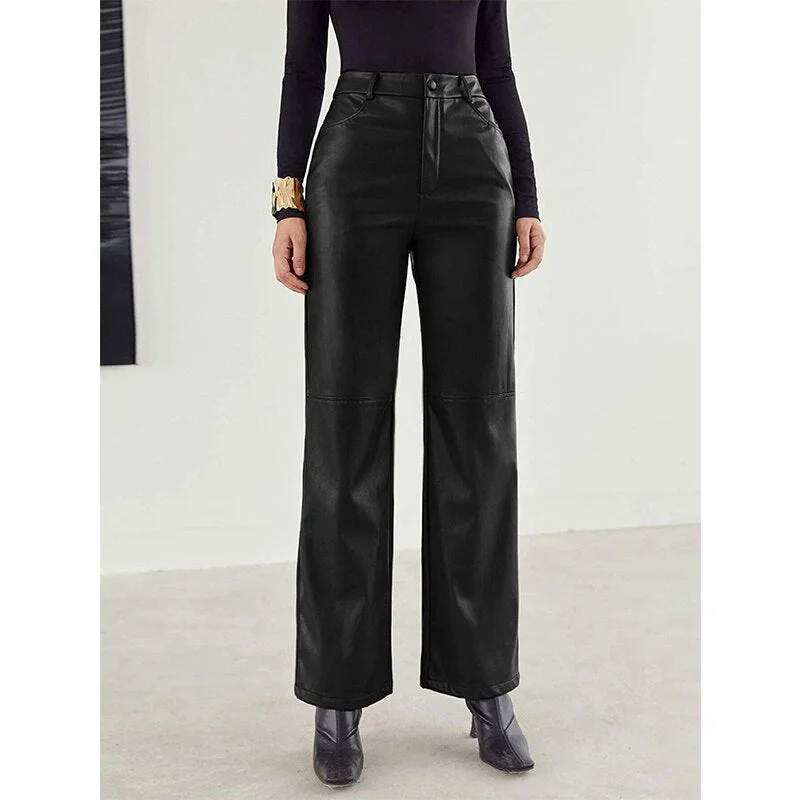 Fall Winter Black High Waist PU Leather Straight Pants Women Clothes Punk Style Solid Hip Hop Trousers Grunge Y2K 2022