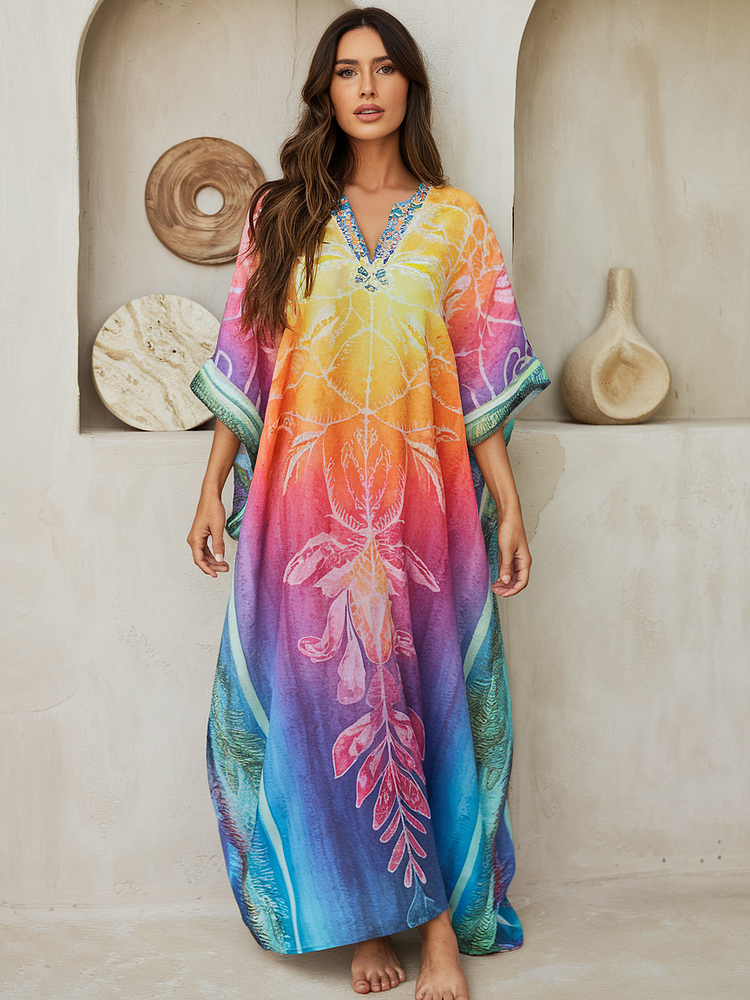 Linen Printed Kaftan Maxi Dress