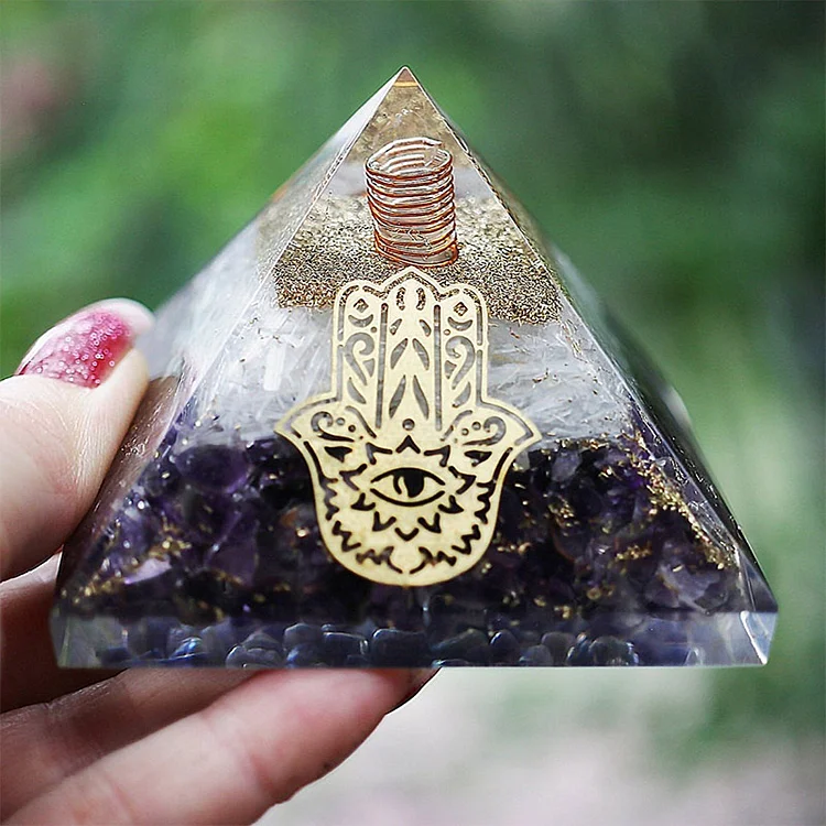 
Amethyst With Clear Crystal Hamsa Orgone Pyramid
