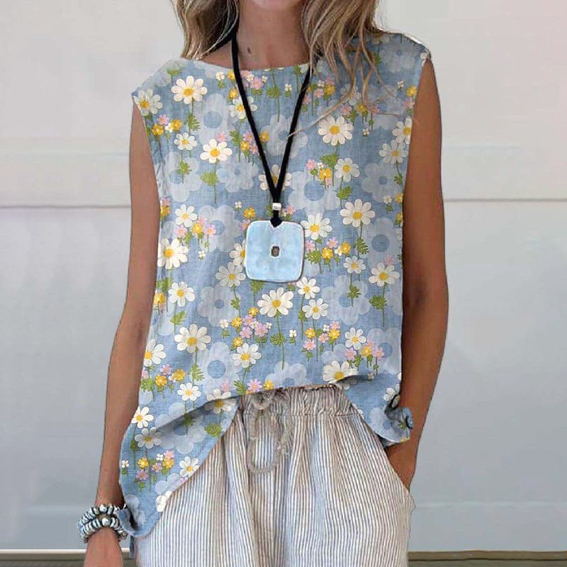 Comstylish Blooming Daisy Field Pattern Printed Women's Casual Cotton And Linen Tank Top