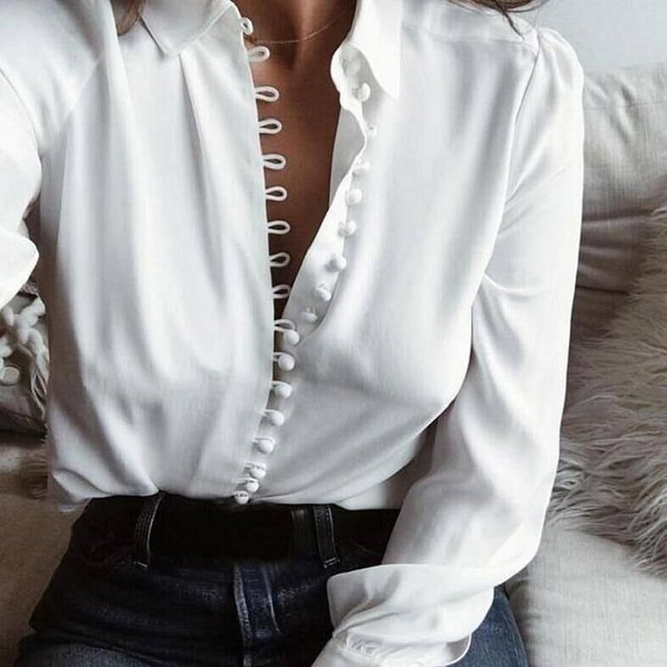 CROPKOP Fashion Casual Solid Color ladies office Tops Sexy Buttons Long sleeve Blouse new Spring Women Chiffon white Shirt