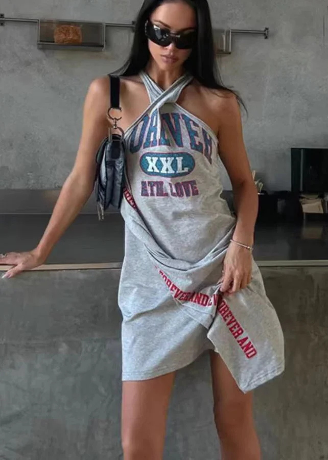 Streetwear Grey Asymmetrical Print Cotton Dresses Sleeveless