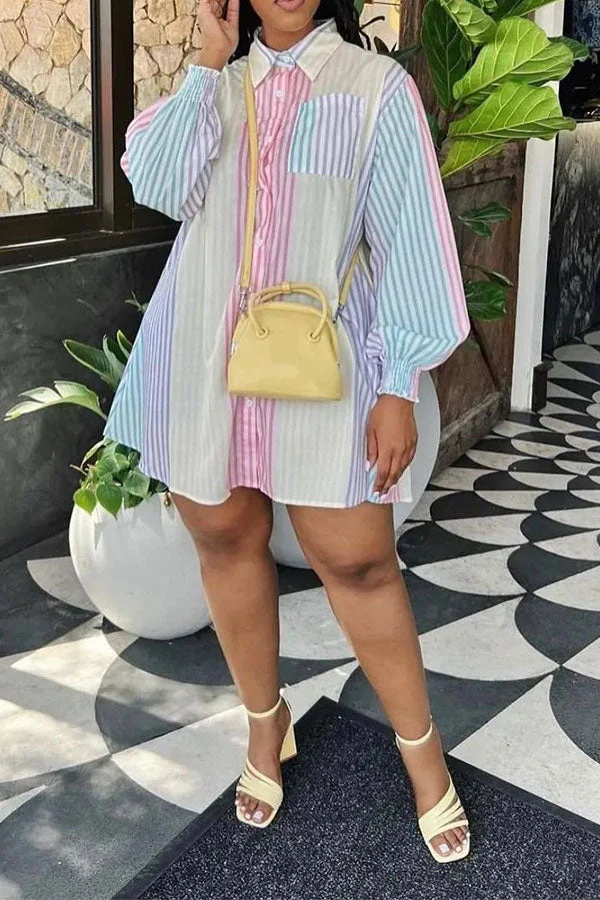 Rainbow Striped On-trend Shirt Collar Mini Dress