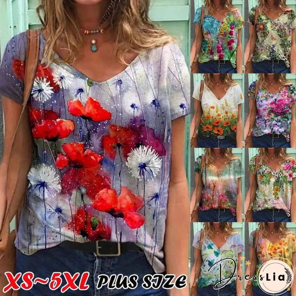 Women's V-neck Casual Color Flower Painting Short Sleeve T-shirt Loose Top Plus Size Summer Blouse XS-5XL