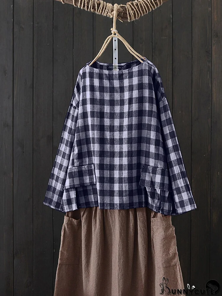 Casual Plaid O-neck Long Sleeve Plus Size Blouse