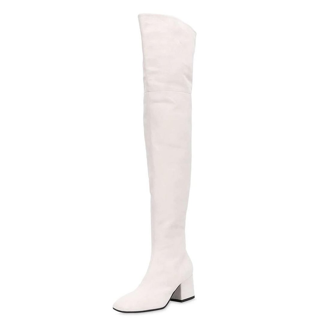 Full White Suede Square Toe Boots Sleek Chunky Heel Thigh High Boots Nicepairs