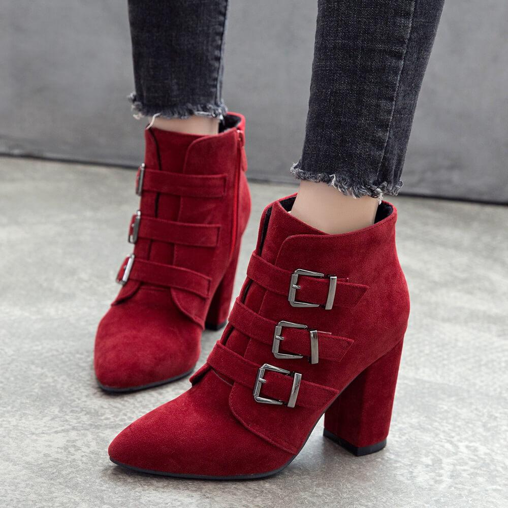 VCSHOES Point Toe Suede Buckle Ankle Boots