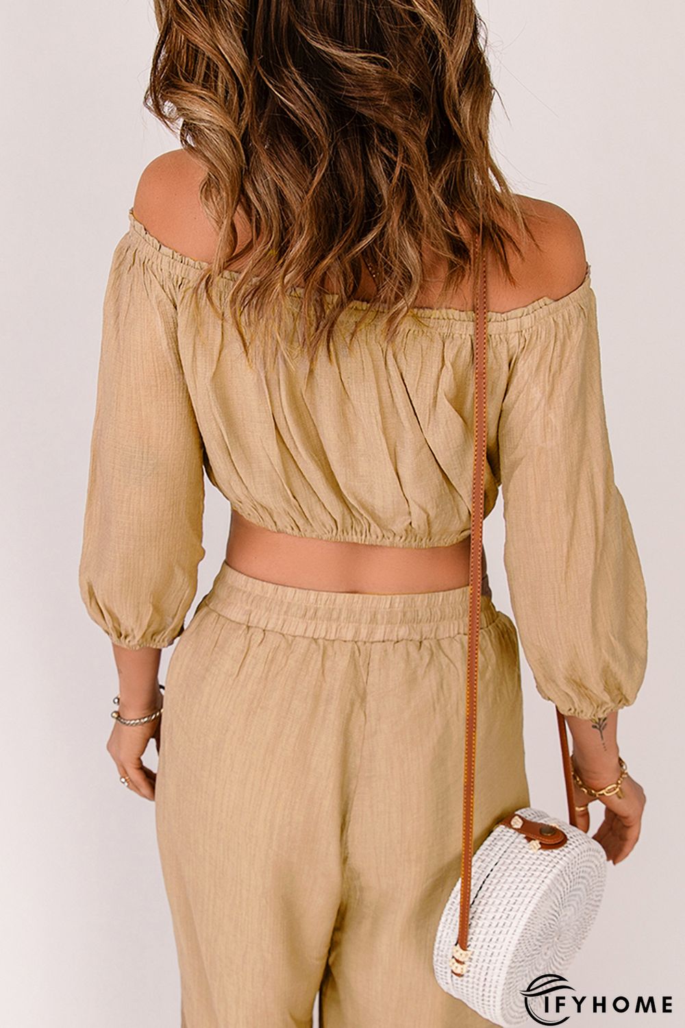 Khaki Off-the-shoulder Puff Sleeves Crop Top | IFYHOME