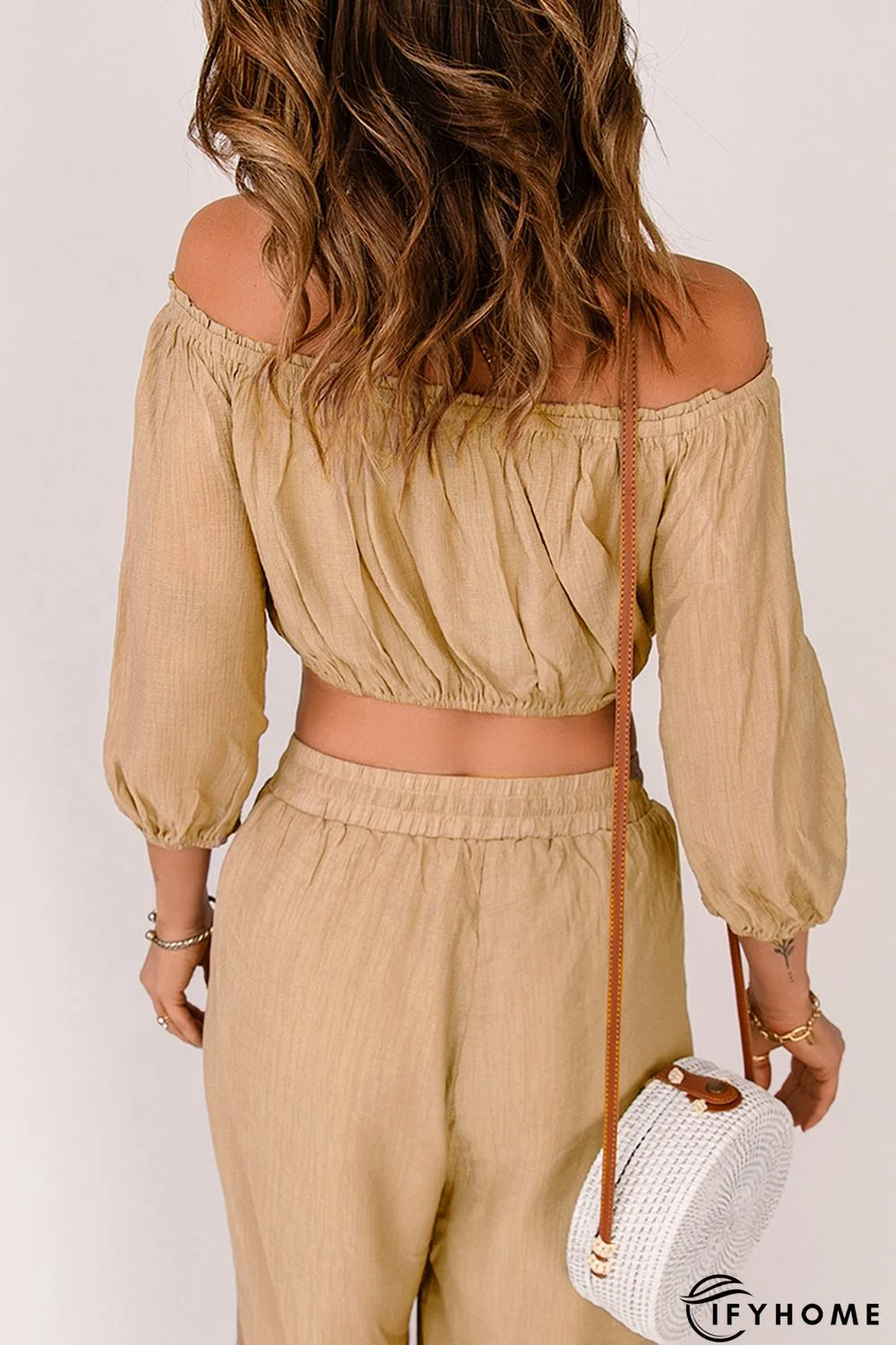 Khaki Off-the-shoulder Puff Sleeves Crop Top | IFYHOME